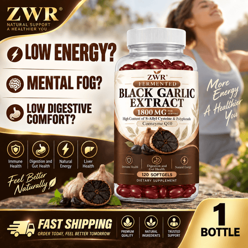 Black Garlic Softgels, Gut & Immune Wellness, Antioxidant. Fermented nutrient compound for all-round daily intestinal and immune nourishment. Contains 1800mg Fermented Black Garlic Extract, 100mg Coenzyme Q10, 120 Counts.