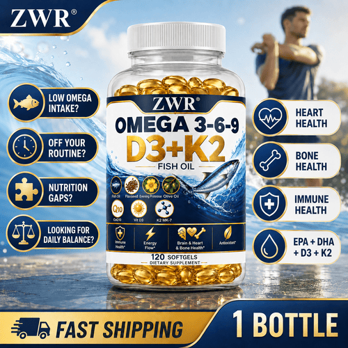 D3-K2 Fish Oil Softgels, Bone & Immune Health, Antioxidant. Multi-fatty acid & nutrient complex for all-round daily bone and immune nourishment. Contains Omega-3, 6, 9, EPA, DHA, Coenzyme Q10, Olive Oil, Vitamin D3 & K2, 120 Counts.