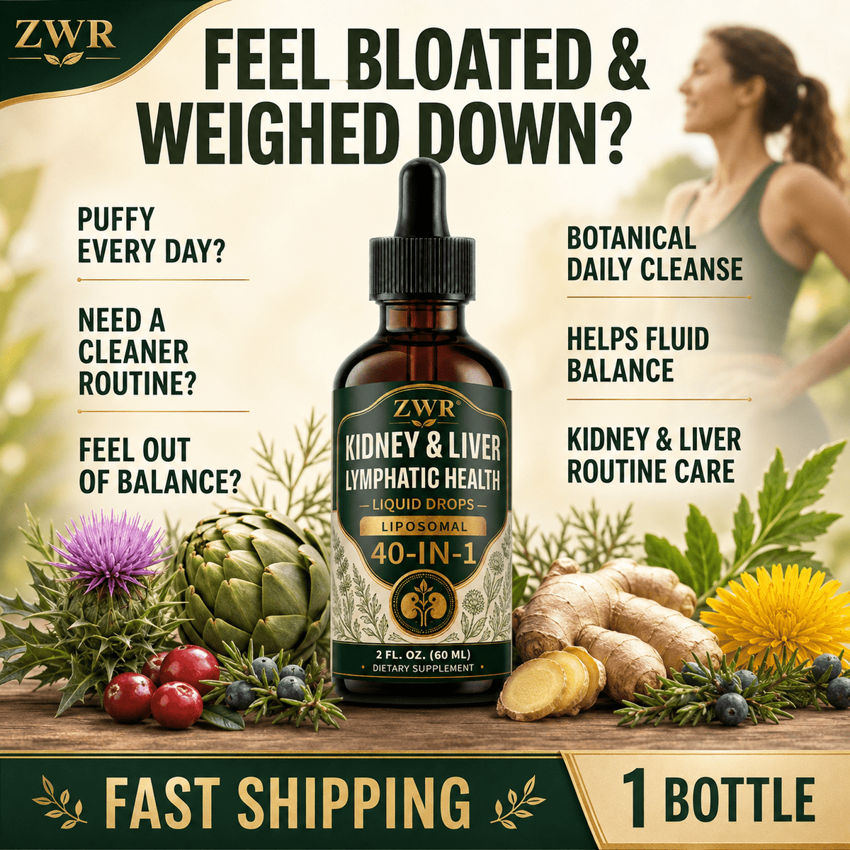 40-in-1Lymphatic, Kidney & Liver Botanical Drops with Milk Thistle, Cranberry, Choline, Zinc & Glutathione for Lymphatic, Liver & Kidney Health, Antioxidant, Digestive health, Fluid Balance and Everyday Botanical Nutrition, 60 m.