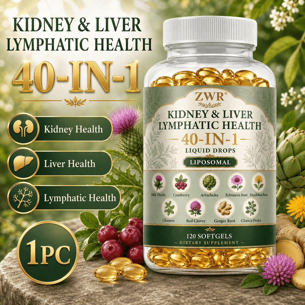 40-IN-1 Kidney & Liver Lymphatic Health Softgels with Liposomal Glutathione, NAC, Milk Thistle, Cranberry & Artichoke, Kidney Health, Liver Health, Lymphatic Health, Antioxidant and Fluid Balance, 120 Softgels