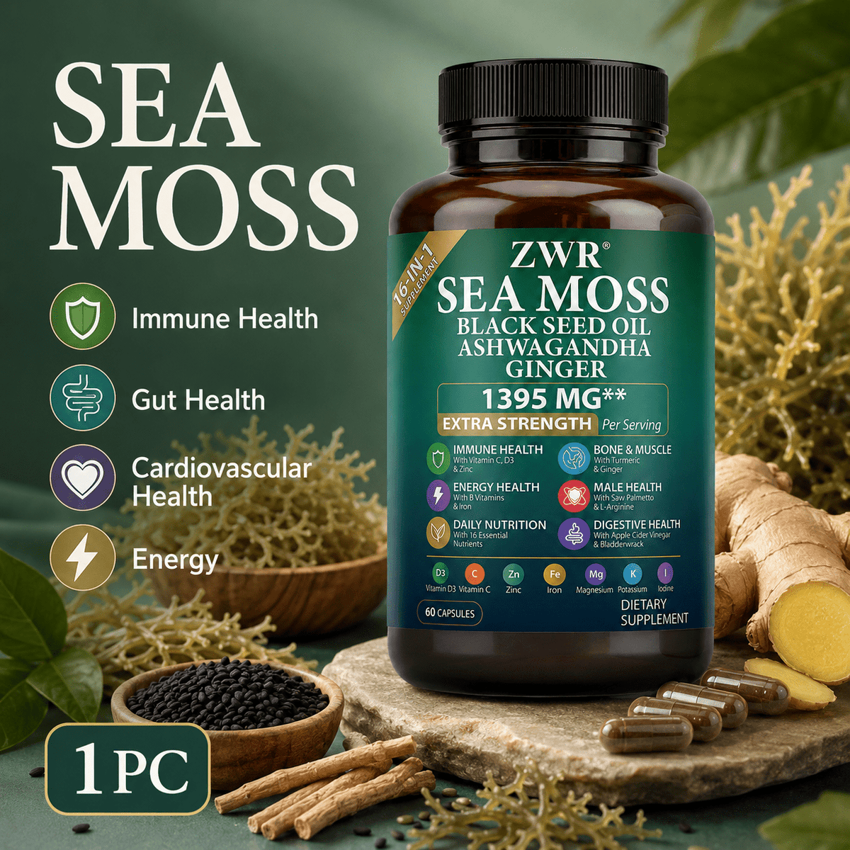 Sea Moss Multi-Nutrient Capsules, 350mg Sea Moss Extract with Black Seed, Turmeric, Burdock and Minerals, for Heart Health, Gut Health, Immune Health, Natural Energy and Daily Balance, 60 Capsules