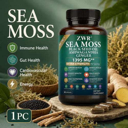 Sea Moss Multi-Nutrient Capsules, 350mg Sea Moss Extract with Black Seed, Turmeric, Burdock and Minerals, for Heart Health, Gut Health, Immune Health, Natural Energy and Daily Balance, 60 Capsules