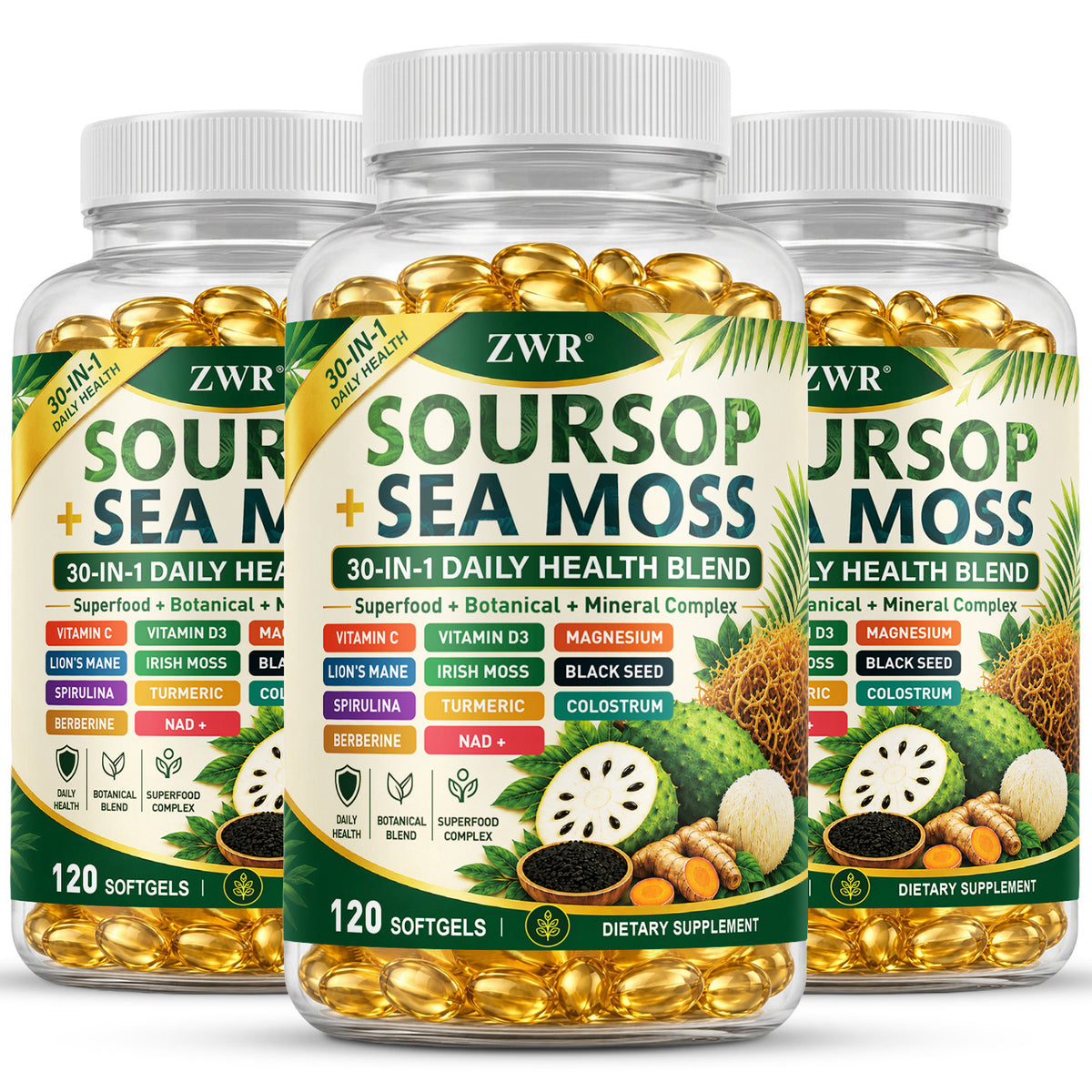 120 Count Soursop + Sea Moss Softgels [30-in-1], Daily Health Supplement, with Vitamin A+C+D+E, Lion's Mane, Spirulina, Berberine, NAD+, Magnesium, 30-in-1 Blend, for Gut Health & Antioxidant Benefits, Immune Health, Great for Both Men and Women