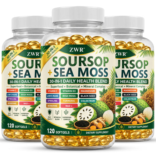 120 Count Soursop + Sea Moss Softgels [30-in-1], Daily Health Supplement, with Vitamin A+C+D+E, Lion's Mane, Spirulina, Berberine, NAD+, Magnesium, 30-in-1 Blend, for Gut Health & Antioxidant Benefits, Immune Health, Great for Both Men and Women