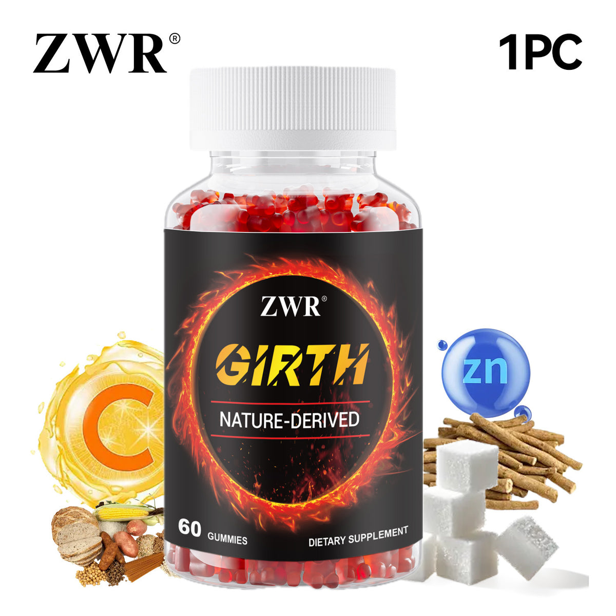(1/3)pcs GIRTH Gummies for Men, Holistic Wellness & Steady Energy with Ashwagandha Extract, Tribulus Terrestris, Zinc & Vitamin C, 60 Gummies