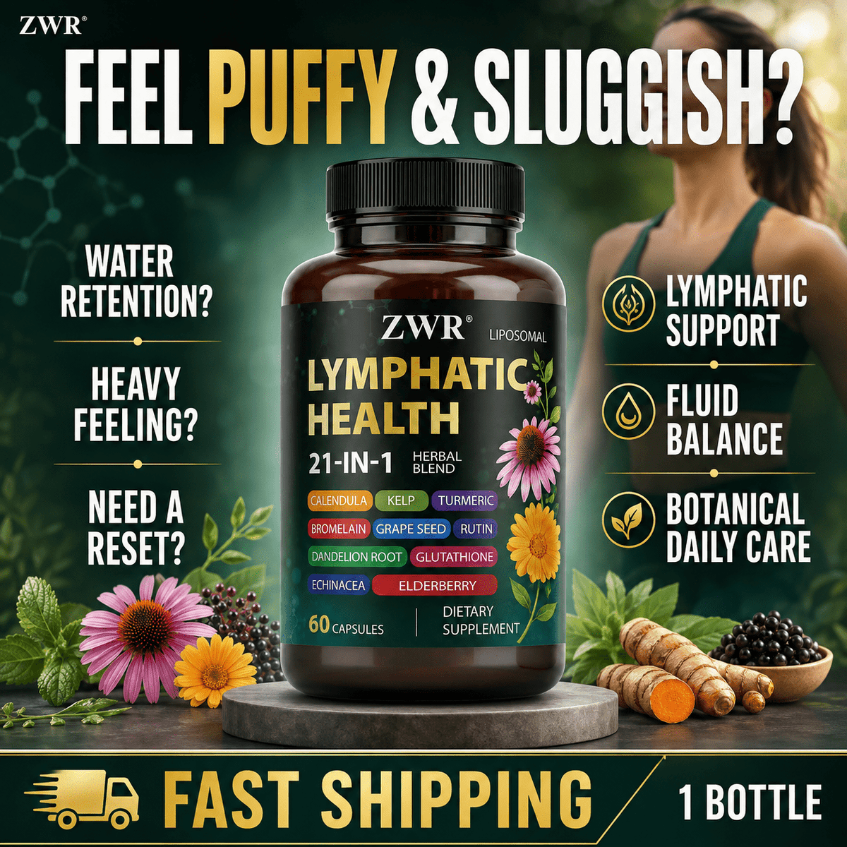 Upgraded Lymphatic Herbal Capsules 60 Count | 21 Botanical Nutrient Blend per Serving | Liposomal Glutathione, Calendula, Rutin & Turmeric | Daily Comfort, Body Balance & Wellness Management Support