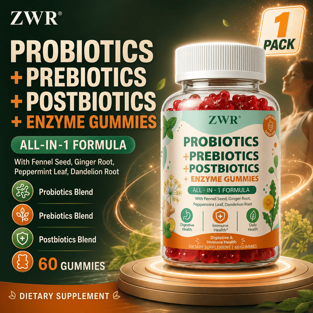 1PCS, Probiotics Prebiotics Postbiotics Enzyme Gummies, Probiotic Blend, Chicory Root Inulin, Postbiotic Blend, Digestive Enzyme Blend, Fennel Seed Extract, Ginger Root Extract, Peppermint Leaf Extract, Dandelion Root Extract, Digestive Health