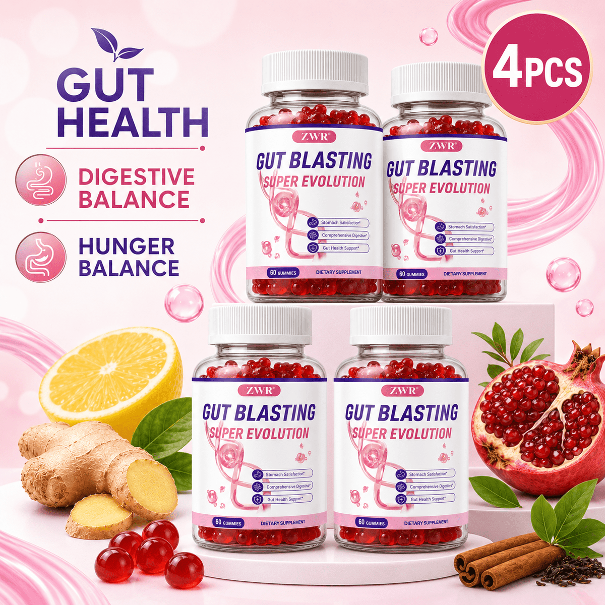 Berberine and Probiotic Blend Gummies with Konjac Fiber, Fenugreek, Yerba Mate, Cinnamon and Pomegranate for Gut Health, Hunger Balance, Digestive Balance and Active Lifestyle Nutrition