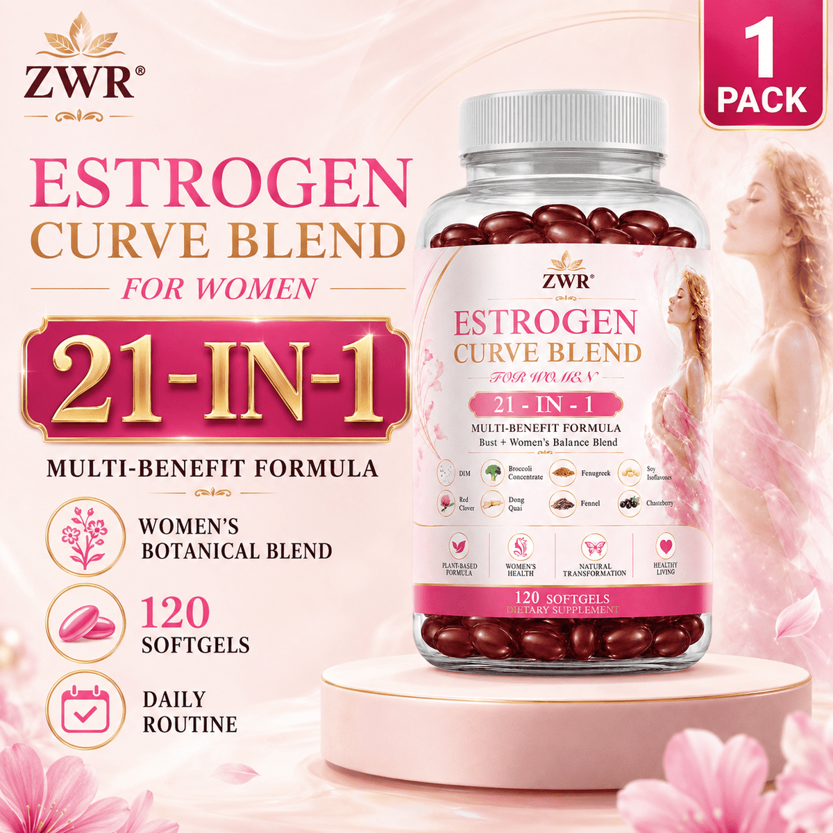 1PACK, Estrogen Curve Blend For Women, 21-In-1 Women's Daily Herbal Supplement, DIM 200mg, Broccoli, Fenugreek, Soy Isoflavones, Dong Quai, Chasteberry, Red Clover, Black Cohosh, 120 Softgels