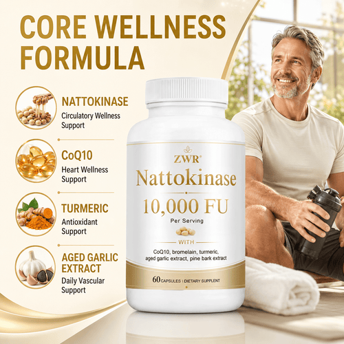 Nattokinase 10, 000 FU Capsules, Nattokinase 500mg Enzyme Formula with CoQ10, Bromelain, Turmeric Root Extract, Aged Garlic Extract & Pine Bark Extract, Daily Circulation Support, Heart Wellness Support, Antioxidant Support, 60 Capsules