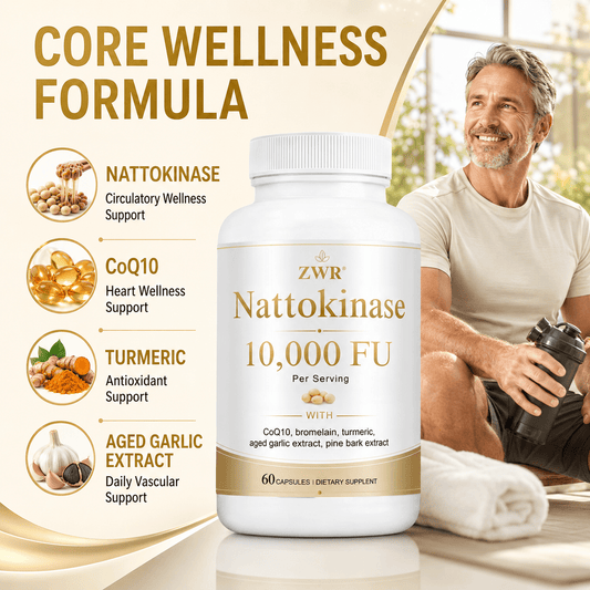 Nattokinase 10, 000 FU Capsules, Nattokinase 500mg Enzyme Formula with CoQ10, Bromelain, Turmeric Root Extract, Aged Garlic Extract & Pine Bark Extract, Daily Circulation Support, Heart Wellness Support, Antioxidant Support, 60 Capsules