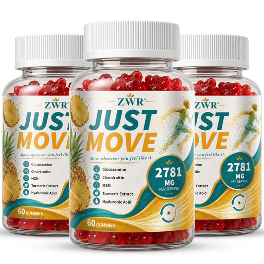 JUST MOVE Glucosamine 1200mg Chondroitin 500mg MSM 500mg Gummies for Bone & Cartilage Health, with Turmeric Black Pepper Extract Hyaluronic Acid for Absorption & Joint Wellness, 60 Count