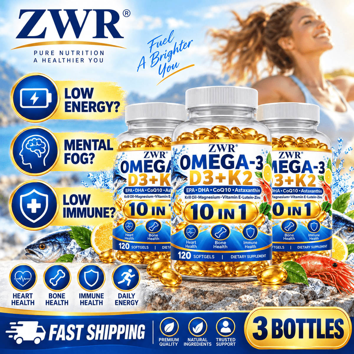 OMEGA-3 D3+K2 Softgels, Bone & Immune Wellness, Antioxidant. Balance body condition and provide steady daily antioxidant nourishment. Key Ingredients: Omega-3, Vitamin D3, K2, E, Coenzyme Q10, Astaxanthin, Lutein, Magnesium, Zinc, 120 Counts.