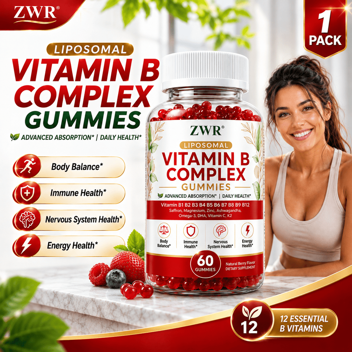 1PACK, Liposomal Vitamin B Complex Gummies, B1 B2 B3 B5 B6 B7 B9 B12, Vitamin C, D3, K2, Magnesium, Zinc, Omega-3, DHA, Saffron, Ashwagandha, Daily Adult Nutrition Formula