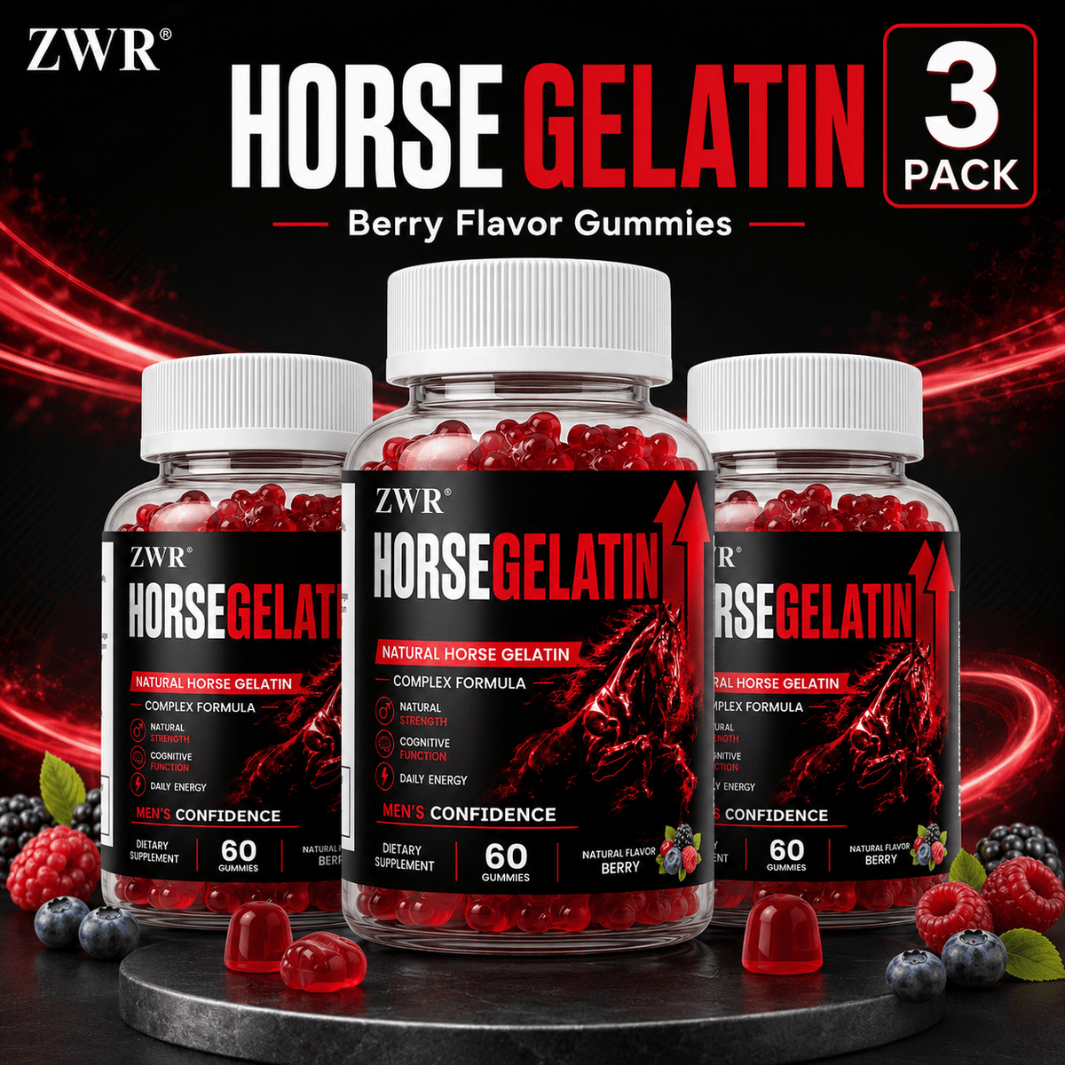 Horse Gelatin Gummies, Apple Cider Vinegar Powder, Pomegranate Fruit Powder, Beet Root Powder, Vitamin B6, Folate, Vitamin B12, Daily Wellness Formula