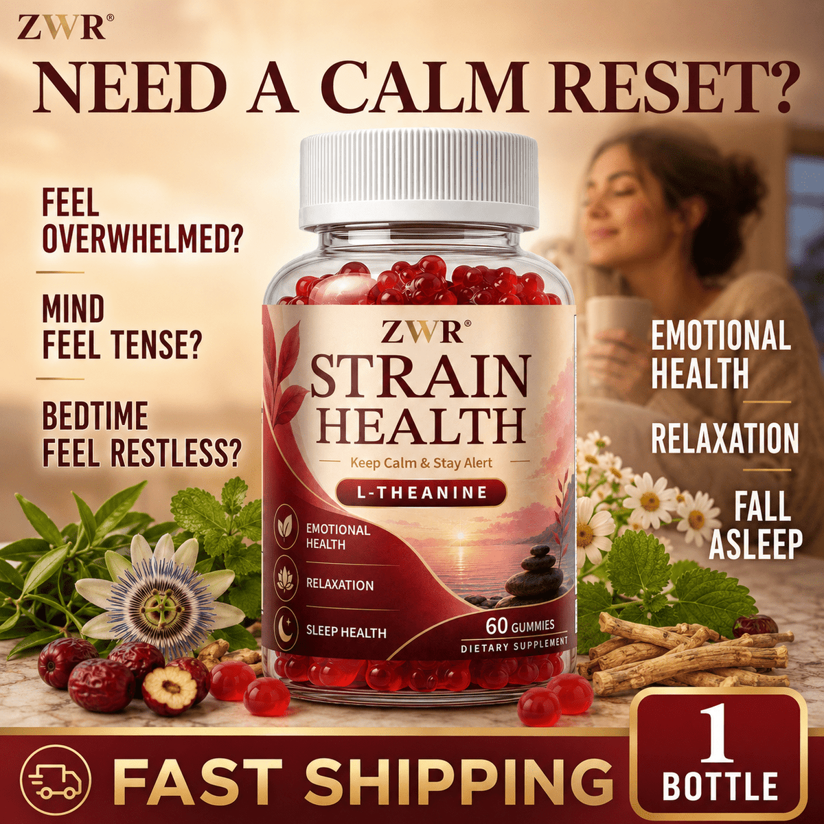 Strain Health Magnesium L-Theanine Gummies | Magnesium 50mg, L-Theanine 150mg, GABA 100mg, Glycine 50mg | EMOTIONAL HEALTH | RELAXATION | FALL ASLEEP | Amino-Mineral Evening Blend with Lemon Balm & Jujube | 60 Gummies