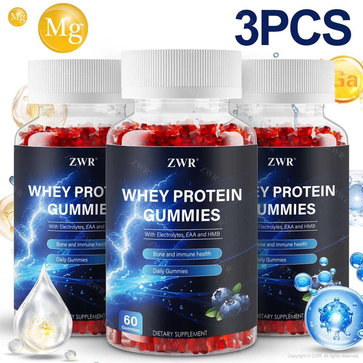 1/3pcs Whey Protein Complex Gummies - 1000mg Whey Protein Isolate, 200mg HMB, 160mg BCAA, 50mg Magnesium & 26mg Calcium per serving - Pectin Gummies, No Added Sugar - Supports Bone Health & Muscle Health - Dietary Supplement