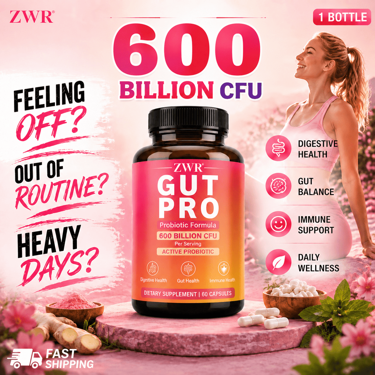 GUT PRO 60 Billion Active Probiotic Capsules 60 Count | 200 mg Probiotic Blend per Serving | Five Selected Strains | Digestive & Gut Health Support