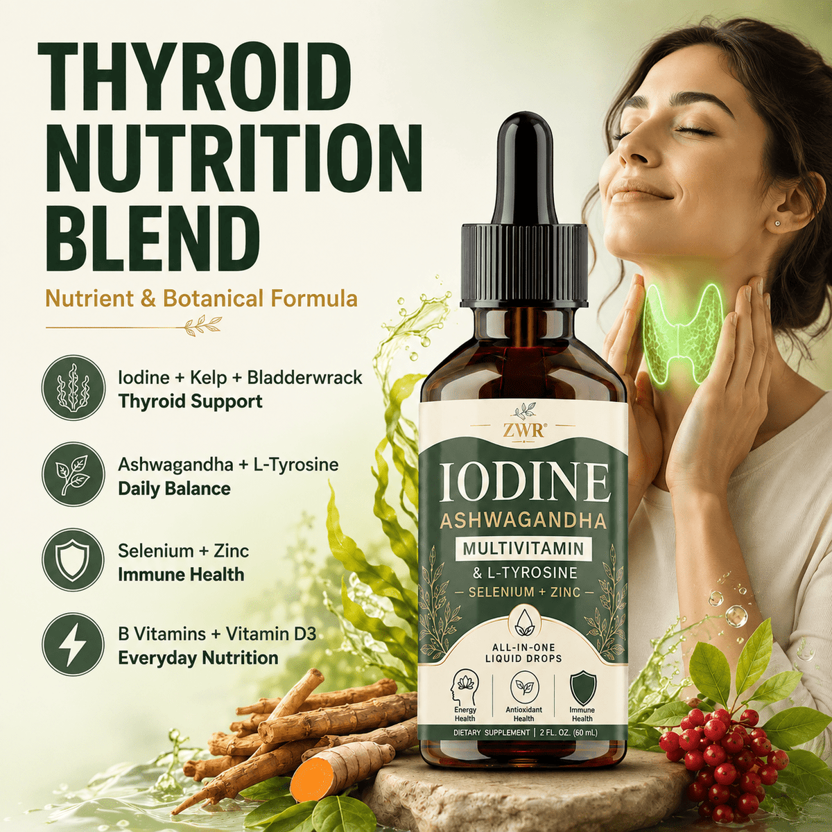 Thyroid Nutrient Blend Liquid Drops | Iodine + Ashwagandha + L-Tyrosine Formula with Selenium & Zinc | Herbal Multivitamin Supplement for Daily Nutritional Balance