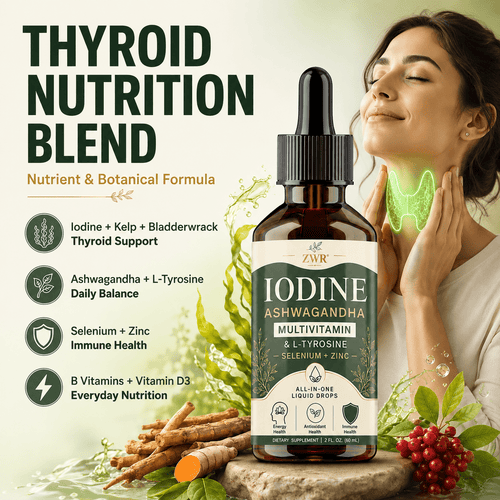 Thyroid Nutrient Blend Liquid Drops | Iodine + Ashwagandha + L-Tyrosine Formula with Selenium & Zinc | Herbal Multivitamin Supplement for Daily Nutritional Balance