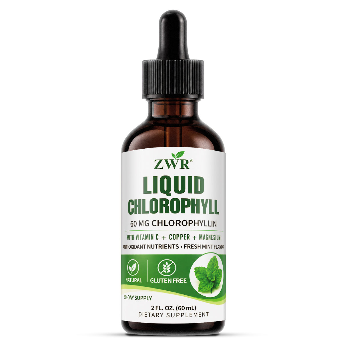 FRESH FROM WITHIN | ZWR Liquid Chlorophyll Complex Drops, 2 fl oz | 60 mg Chlorophyllin with Vitamin C, Copper & Magnesium | Fresh Mint Flavor | Freshness, Antioxidant Nutrients & Gut Health