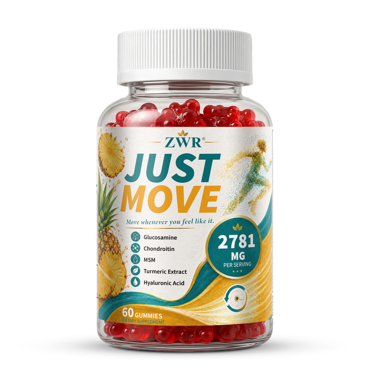 JUST MOVE Glucosamine 1200mg Chondroitin 500mg MSM 500mg Gummies for Bone & Cartilage Health, with Turmeric Black Pepper Extract Hyaluronic Acid for Absorption & Joint Wellness, 60 Count