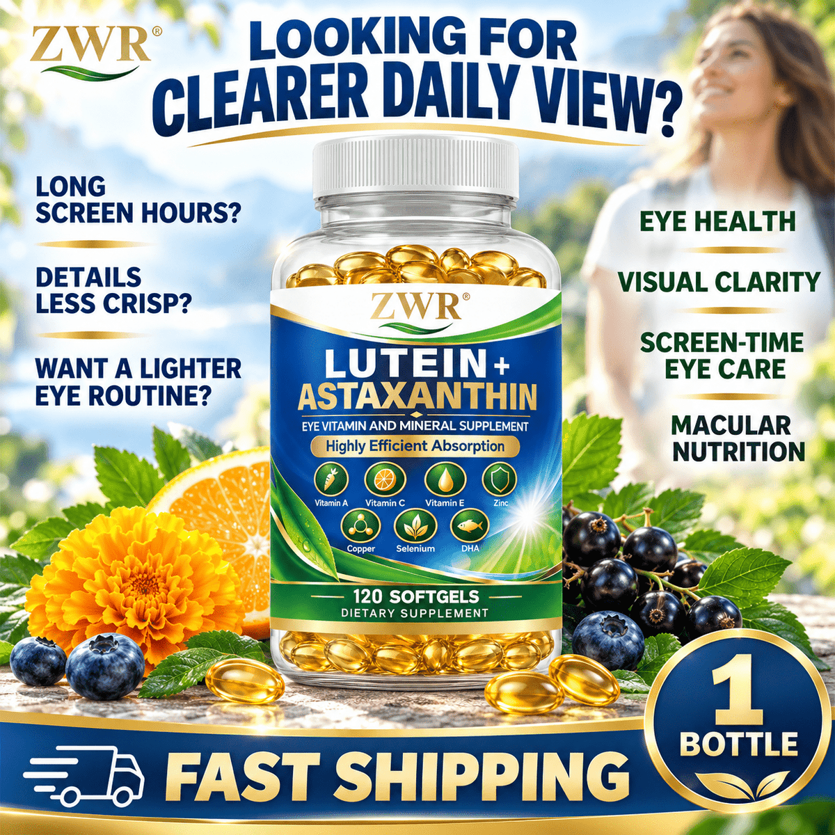 Lutein + Astaxanthin Eye Softgels | DHA 200 mg, Lutein 10 mg, Bilberry 120 mg & Astaxanthin 4 mg | Eye Health | Visual Clarity | Screen-Time Eye Care | Macular Nutrition | Zeaxanthin, Saffron, Zinc & Vitamin C | 120 Softgels.