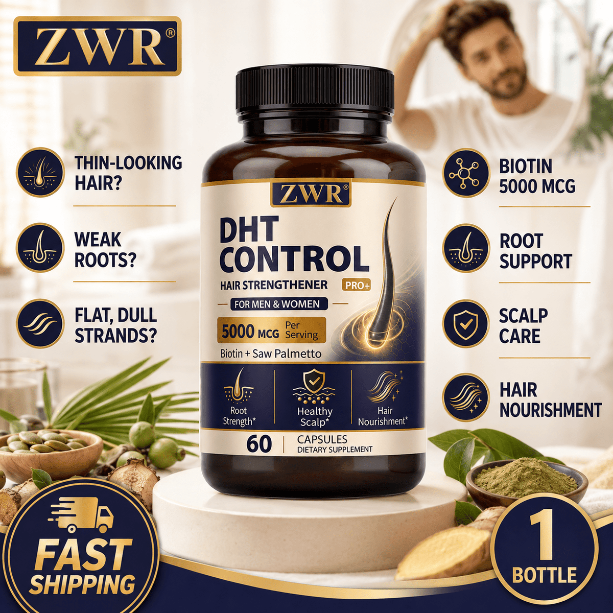DHT CONTROL Capsules. Support Balanced Hair & Skin Condition, Deliver Powerful Antioxidant Protection. Key Ingredients: Saw Palmetto, Ashwagandha, Green Tea, Eleutherococcus Seed, L-Cysteine, Lactobacillus Acidophilus, 60 Counts.
