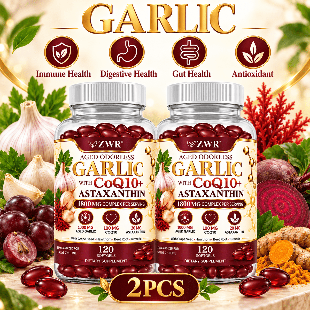 Aged Odorless Garlic with CoQ10 and Astaxanthin, Grape Seed, Hawthorn Berry, Beet Root and Turmeric Botanical Blend for Cardiovascular Health, Heart Health, Circulatory Health, Antioxidant, Natural Energy and Daily Wellness