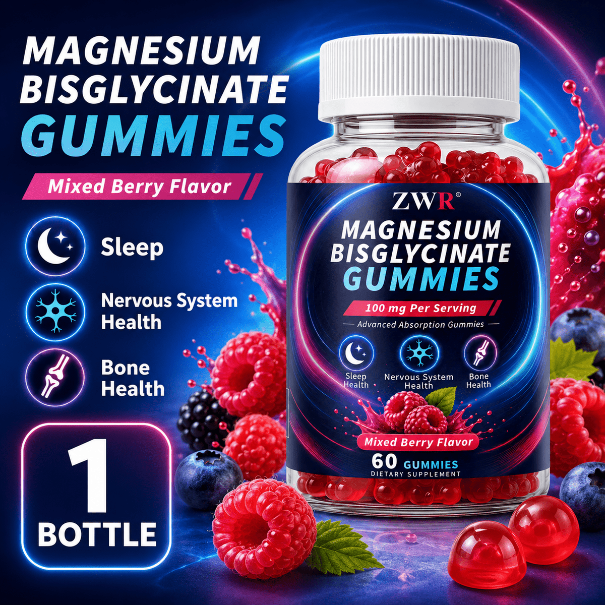 1 Bottle ZWR Magnesium Bisglycinate Gummies, 100 mg Per Serving, Advanced Absorption Magnesium Formula, Sleep Health, Nervous System Health, Bone Health, Mixed Berry Flavor, 60 Gummies