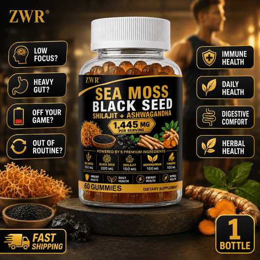 Seaweed Shilajit Gummies, Bone & Cardiovascular Wellness, Antioxidant. Multi-natural nutrient compound for daily all-round body care. Contains Seaweed, Shilajit, Ashwagandha, Turmeric, Apple Cider Vinegar, Dandelion, Vitamin C, D3, 60 Counts.