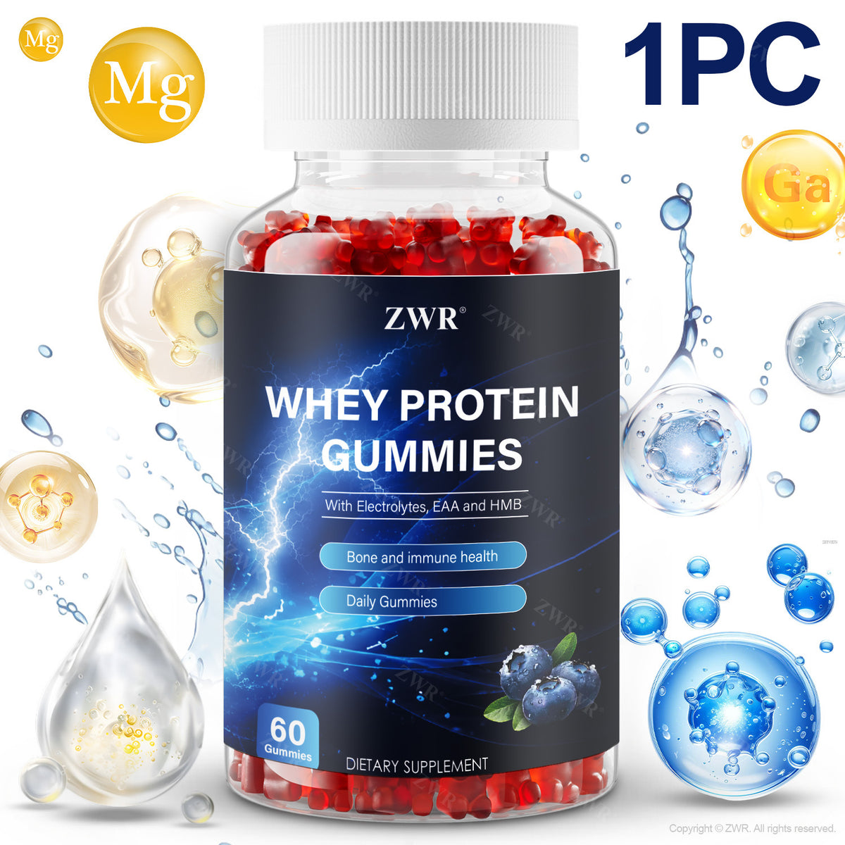 1/3pcs Whey Protein Complex Gummies - 1000mg Whey Protein Isolate, 200mg HMB, 160mg BCAA, 50mg Magnesium & 26mg Calcium per serving - Pectin Gummies, No Added Sugar - Supports Bone Health & Muscle Health - Dietary Supplement