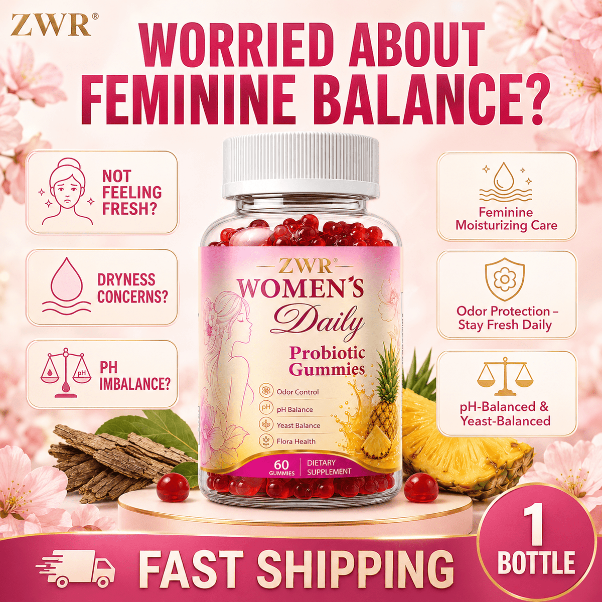 Botanical Women's Probiotic Gummies, Slippery Elm & Lactobacillus Formula, pH Balance & Feminine Flora, 100mg XOS Prebiotic, 4-Strain Probiotic Blend, Feminine Moisturizing Care Odor Protection - Stay Fresh Daily pH-Balanced&Yeast-Balanced60 Gummies