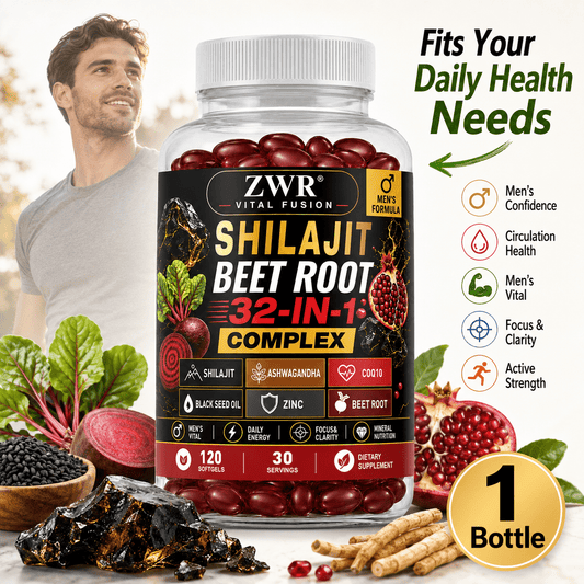 1 Bottle Vital Fusion Shilajit Beet Root 32-in-1 Complex Softgels, Men's Formula, 120 Softgels, 30 Servings, with Shilajit, Beet Root, Ashwagandha, CoQ10, Black Seed Oil & Zinc, Men's Confidence, Circulation Health, Daily Energy, Focus & Clarity