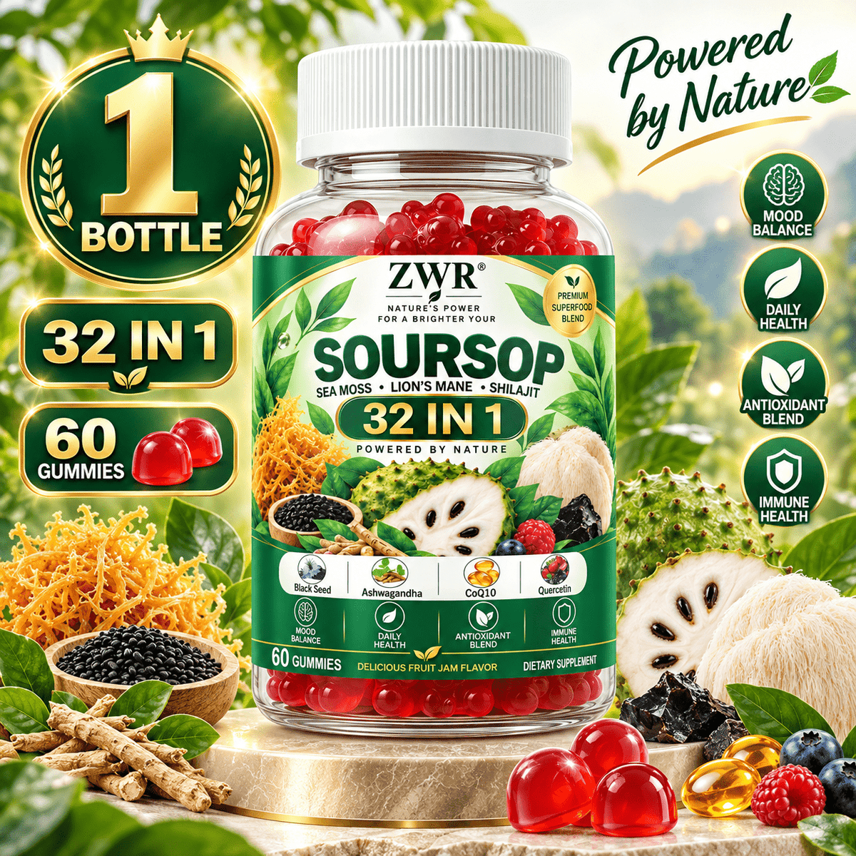ZWR Soursop Gummies with Vitamin C, D3, Magnesium & Zinc, Sea Moss, Shilajit, L-Theanine, CoQ10, Astaxanthin & Quercetin, 60 Gummies