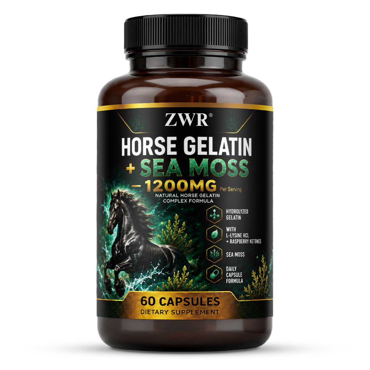 Horse Gelatin + Sea Moss Capsules, 1200mg Per Serving Hydrolyzed Gelatin Complex with L-Lysine HCl, Apple Cider Vinegar, Cinnamon Bark, Raspberry Ketones & Botanical Blend, -Herbal supplements for sports & fitness, energy, and immune health