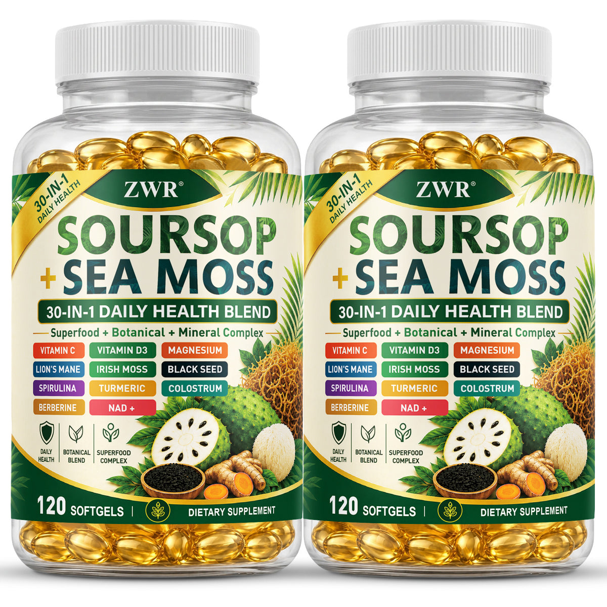 120 Count Soursop + Sea Moss Softgels [30-in-1], Daily Health Supplement, with Vitamin A+C+D+E, Lion's Mane, Spirulina, Berberine, NAD+, Magnesium, 30-in-1 Blend, for Gut Health & Antioxidant Benefits, Immune Health, Great for Both Men and Women