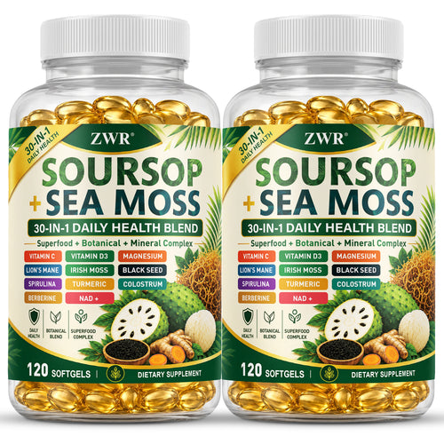 120 Count Soursop + Sea Moss Softgels [30-in-1], Daily Health Supplement, with Vitamin A+C+D+E, Lion's Mane, Spirulina, Berberine, NAD+, Magnesium, 30-in-1 Blend, for Gut Health & Antioxidant Benefits, Immune Health, Great for Both Men and Women