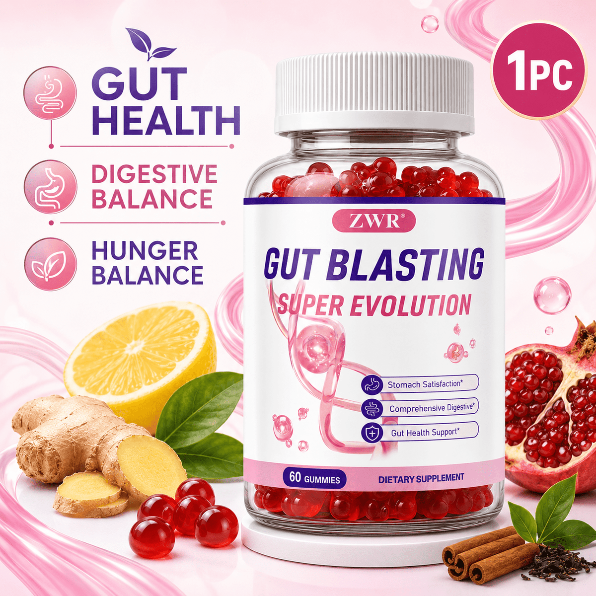 Berberine and Probiotic Blend Gummies with Konjac Fiber, Fenugreek, Yerba Mate, Cinnamon and Pomegranate for Gut Health, Hunger Balance, Digestive Balance and Active Lifestyle Nutrition