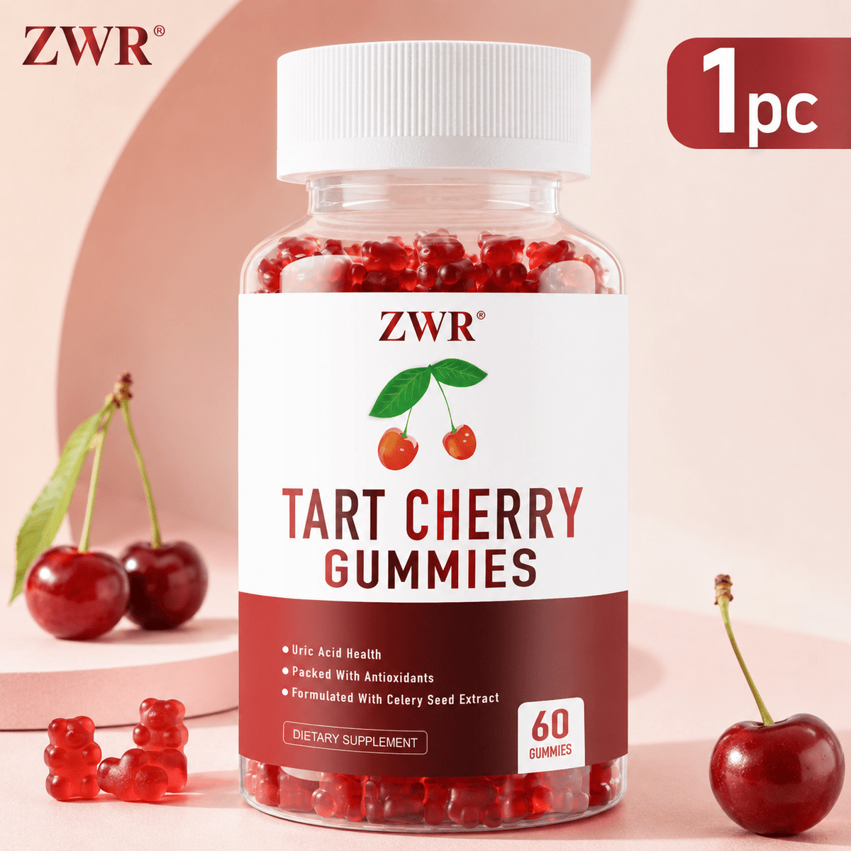 1PC/3PCS Tart Cherry & Celery Seed Gummies - 10:1 Fruit Extract, Natural Antioxidant Formula, Restful Sleep, Emotional Relaxation, 60ct