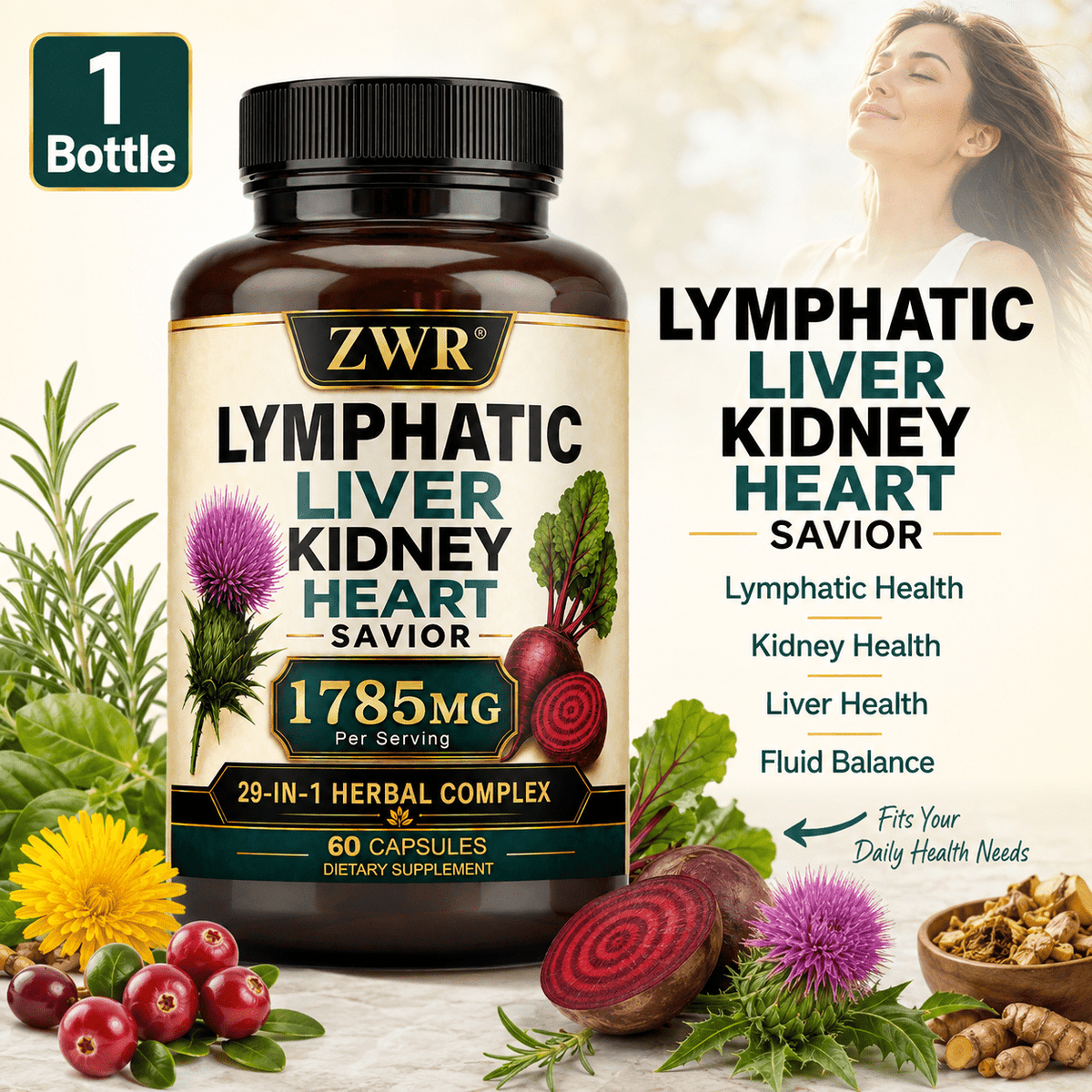 1 Bottle ZWR Lymphatic Liver Kidney Heart Savior, 29-in-1 Herbal Complex, 1785 mg Per Serving, Dandelion Root, Burdock Root, Milk Thistle, Beet Root, Cranberry, Lymphatic Health, Kidney Health, Liver Health, Fluid Balance, 60 Capsules