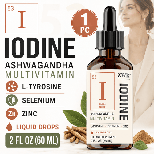 Iodine Complex Drops - For Energy Support, Thyroid Health & Post-Activity Recovery - With Iodine, Selenium, Zinc, Vitamin D3 100mcg, B6, B12, Ashwagandha, Rhodiola & L-Tyrosine - Per Bottle: 60ml