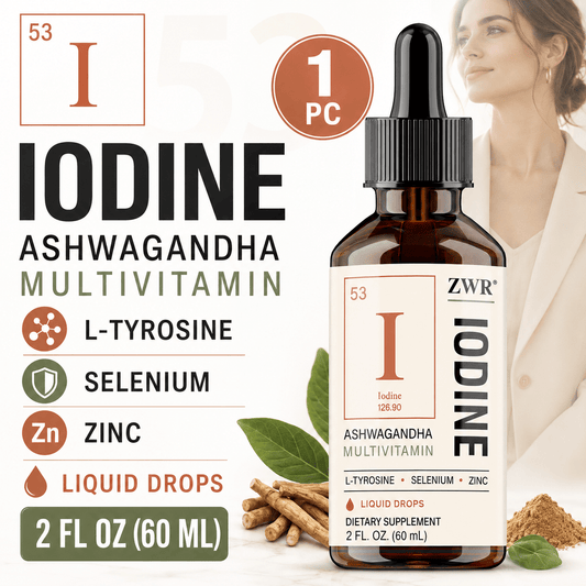 Iodine Complex Drops - For Energy Support, Thyroid Health & Post-Activity Recovery - With Iodine, Selenium, Zinc, Vitamin D3 100mcg, B6, B12, Ashwagandha, Rhodiola & L-Tyrosine - Per Bottle: 60ml
