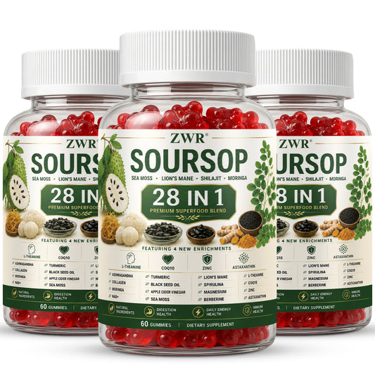 Newly Upgraded 28-in-1 Soursop Sea Moss Gummies, Diverse Superfood Blend with Lion's Mane, Ashwagandha, Shilajit, Turmeric, Spirulina, Berberine, Magnesium and NAD+, Whole-Body Daily Nutrition, 60 Count