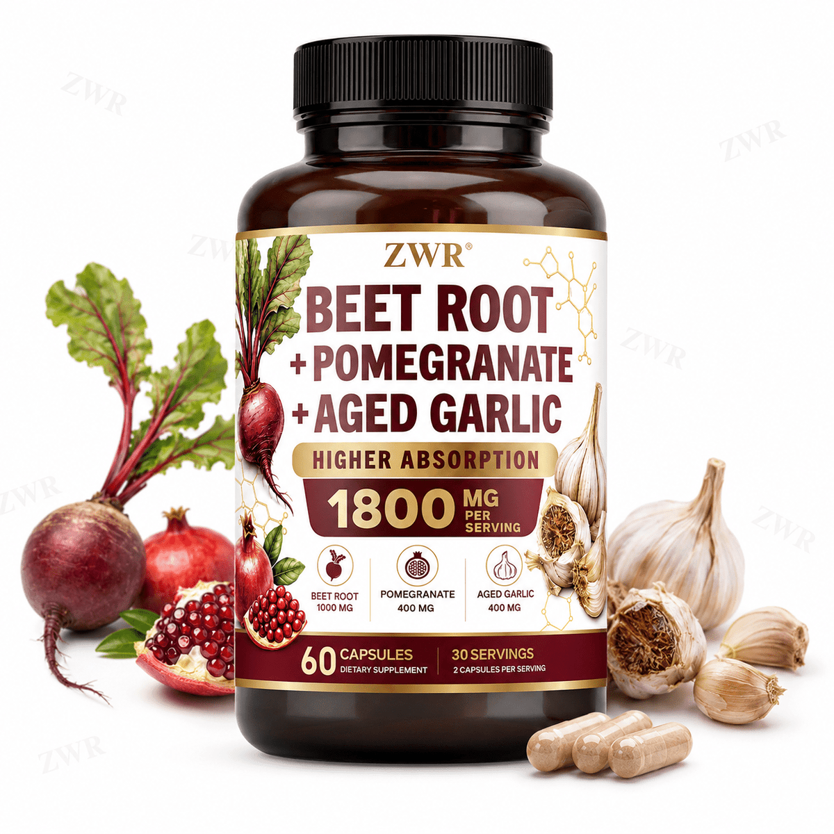 4Pcs Beet Root & Aged Garlic & Pomegranate Capsules - 1800mg Per Serving, Advanced Heart & Immune Complex, with Beet Root, Aged Garlic, Pomegranate, for Heart & Circulation Support & Quick Uptake, Great for Adults Over 18, 60 Capsules