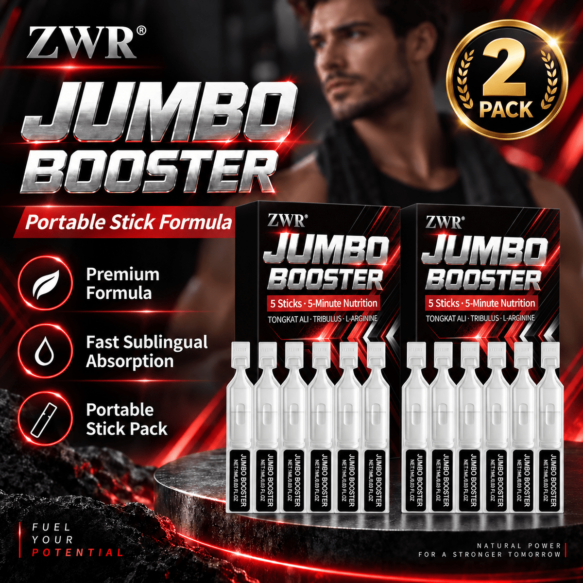 2PACK, Jumbo Men's Liquid Stick Packs, Tongkat Ali, Tribulus Terrestris, L-Arginine, Portable 5-Minute Nutrition Formula, Daily Men's Health
