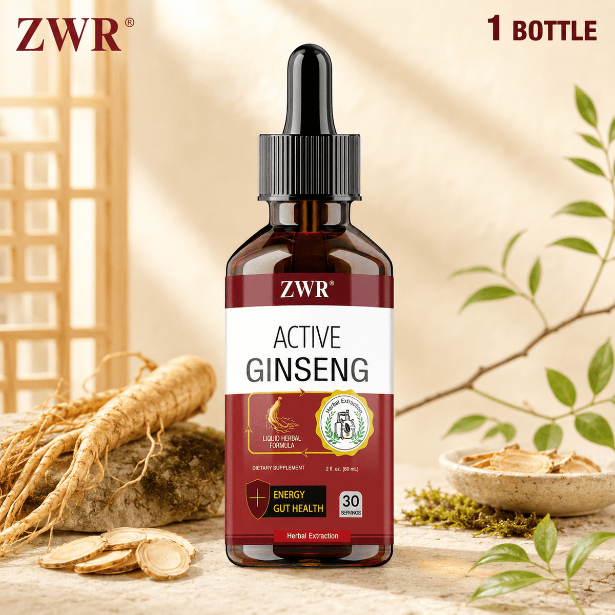 1/3PCS 60mL Red Ginseng Liquid Drops with Panax Ginseng Extract (1:1), Plant-Based Formula in Vegetable Glycerin Base for Daily Herbal Nutrition and Active Lifestyle Routine