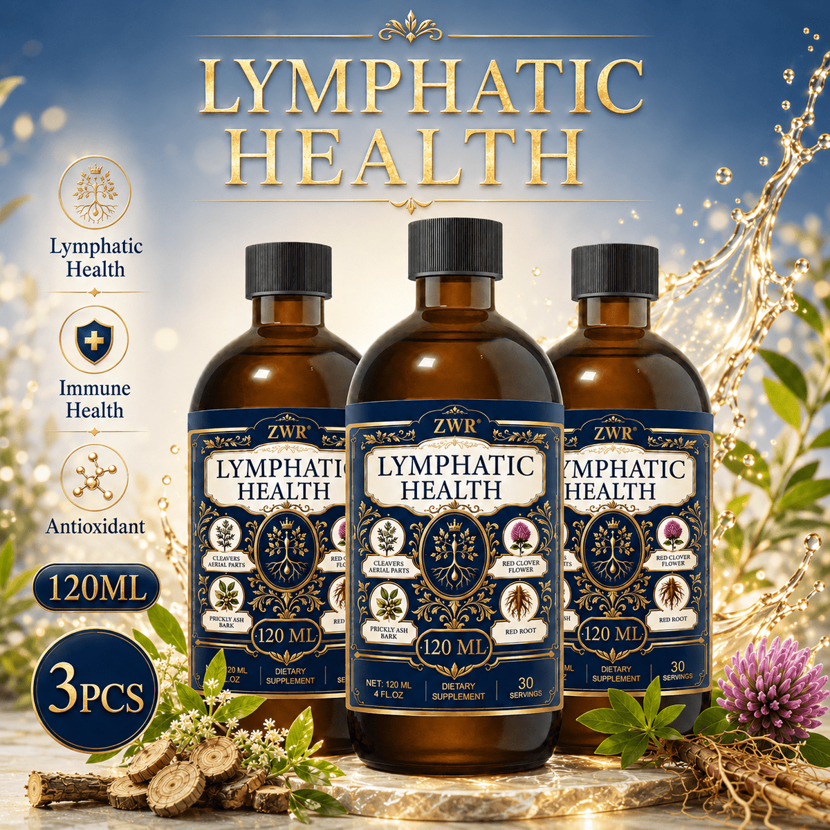 Lymphatic Health Liquid Supplement, with Cleavers, Red Clover, Red Root and Prickly Ash Bark, for Lymphatic Health, Immune Health, Antioxidant Support and Daily Wellness, 120mL