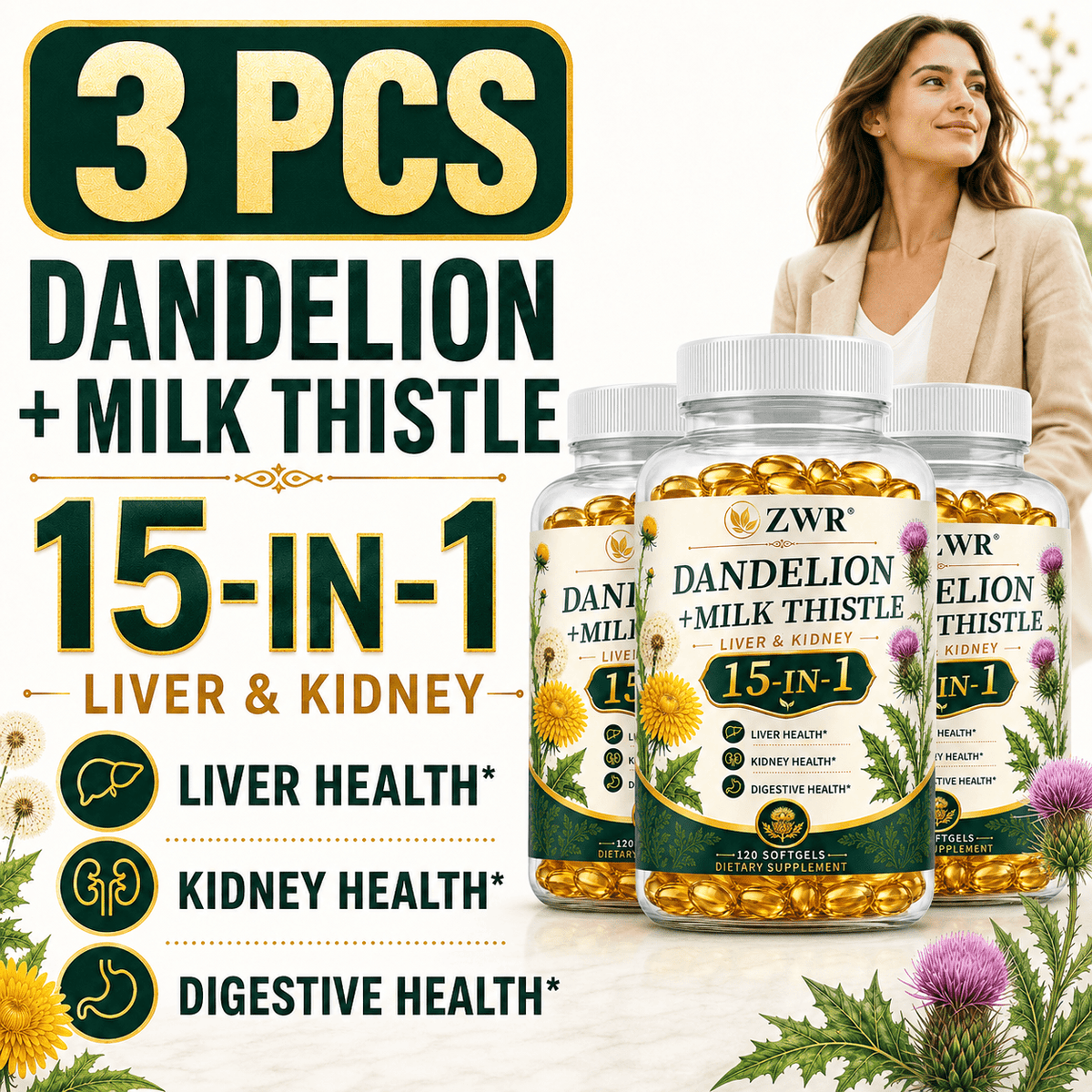 Dandelion & Milk Thistle Softgels - For Digestive Health, Liver Wellness & Kidney Support - With Dandelion Root, Milk Thistle, Artichoke, Ginger, Chanca Piedra, Parsley, Cleavers & Red Clover - Per Bottle: 120 Softgels