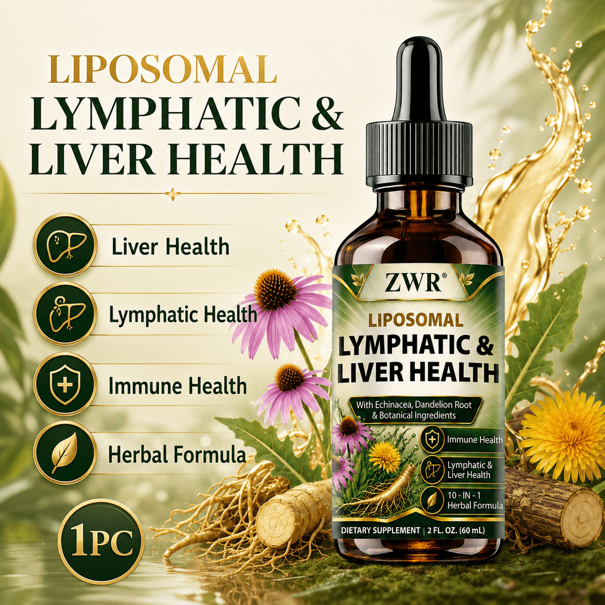 Liposomal Lymphatic & Liver Health Liquid, with Echinacea, Dandelion, Milk Thistle, Turmeric and Astragalus, for Lymphatic Health, Liver Health, Immune Health, Digestive Health and Daily Wellness, 60mL